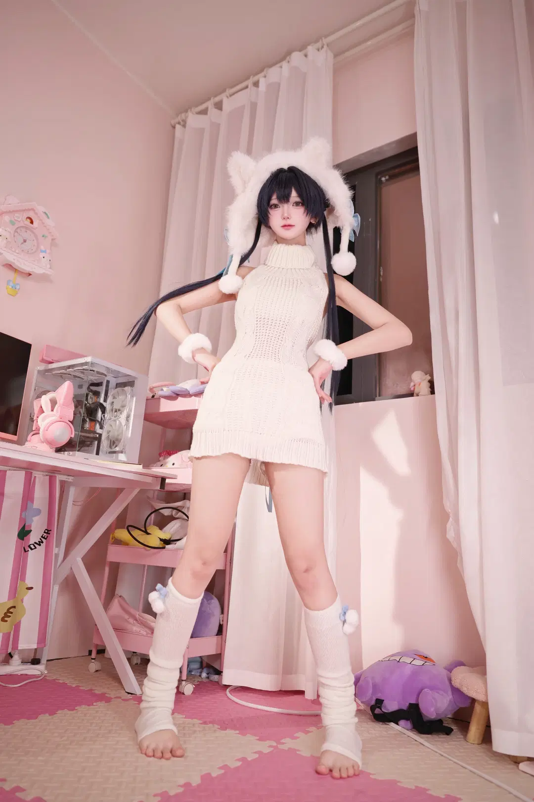 碧蓝档案, 猫耳cos, 堆堆袜, 妃咪cos, 白色针织裙
