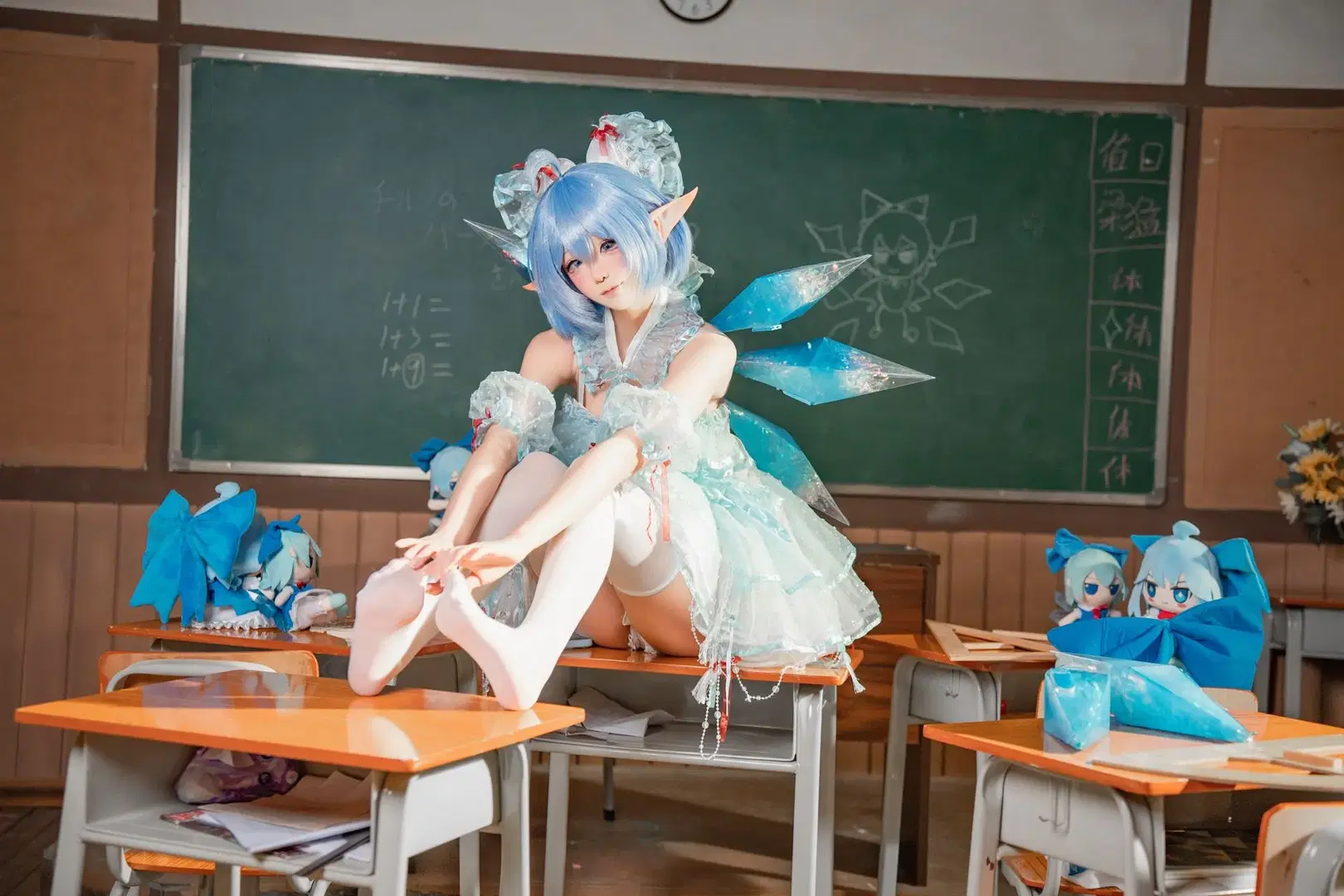 Classroom scene, Touhou Project, White stockings, Cirno cosplay, Anime-style photography