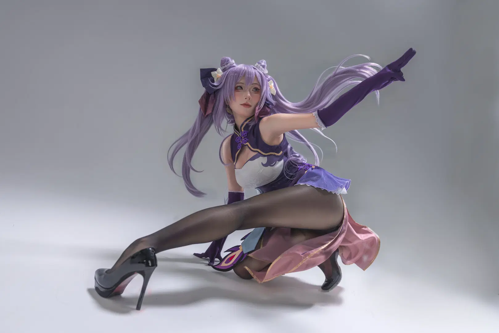 Genshin Impact, Anime cosplay, Keqing cosplay, Black stockings, White studio photography