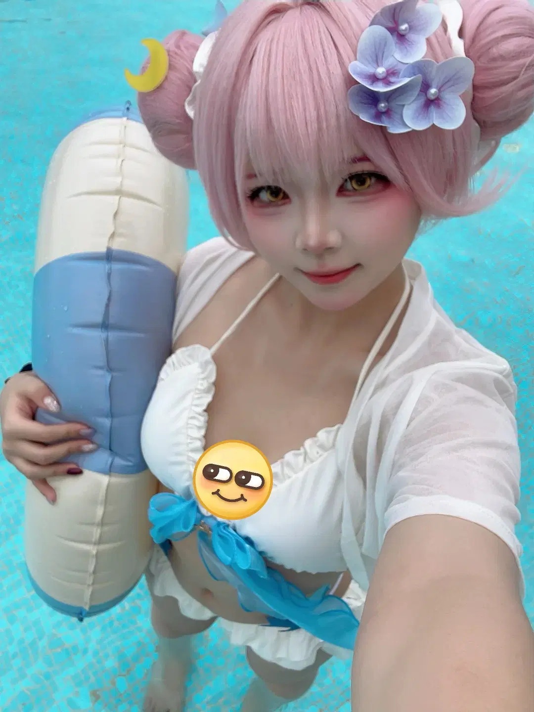 蔚蓝档案, 泳装cos, 小鸟游星野cos, 粉色头发, 圣园未花