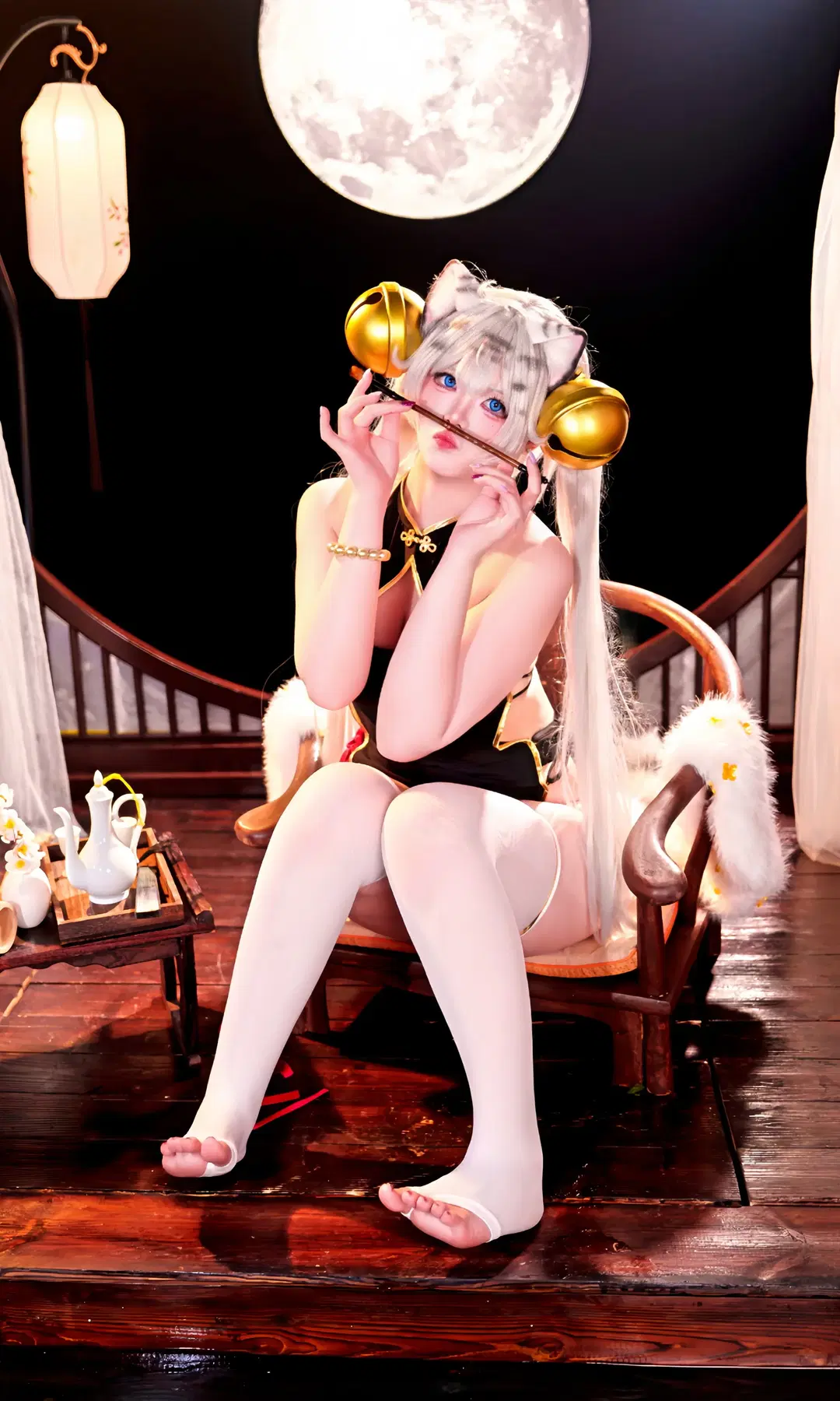 白虎娘cos, 萌妹, 白丝, 兽耳娘, 国风棚拍