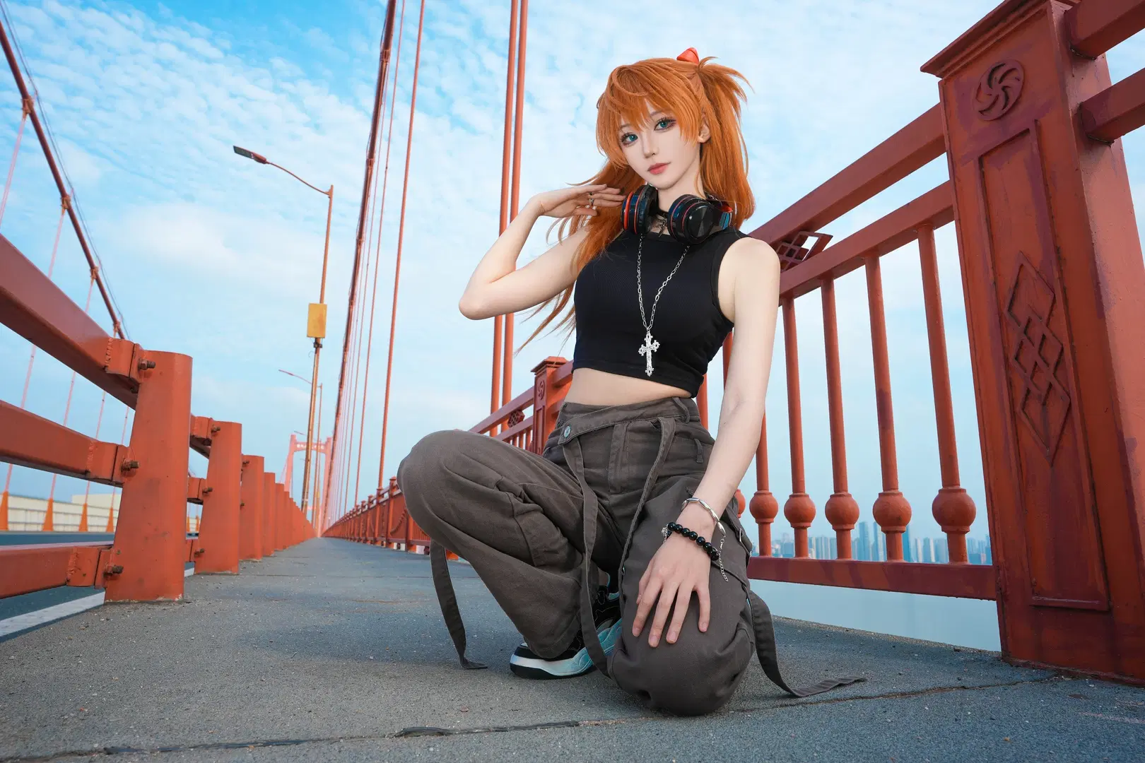 Custom design cosplay, Asuka Cosplay, Neon Genesis Evangelion, Workwear style, Cross-river bridge outdoor photoshoot