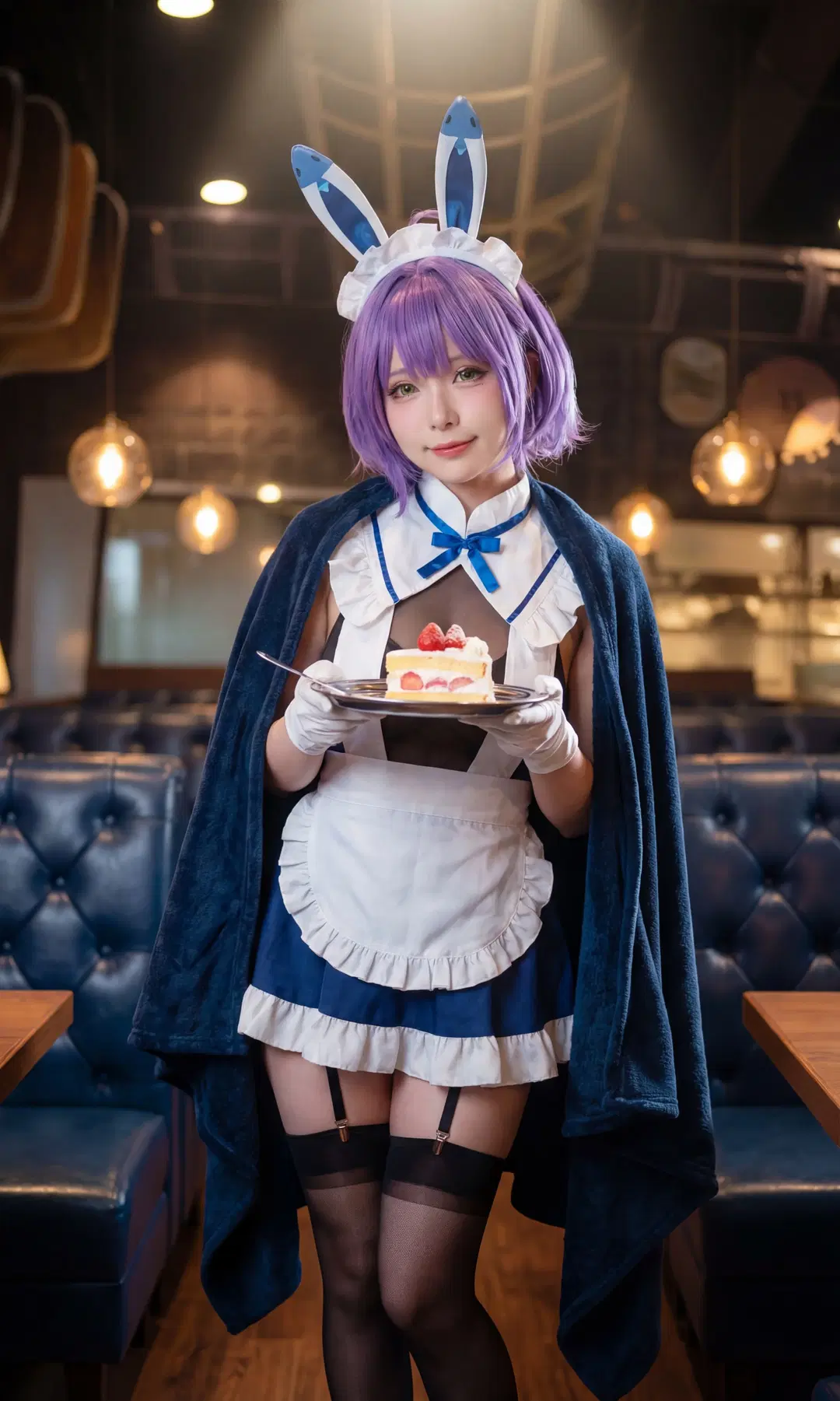 アズールレーン, うさ耳, 黒ストッキング, メイド服コスプレ, ヒューストン(II)コスプレ