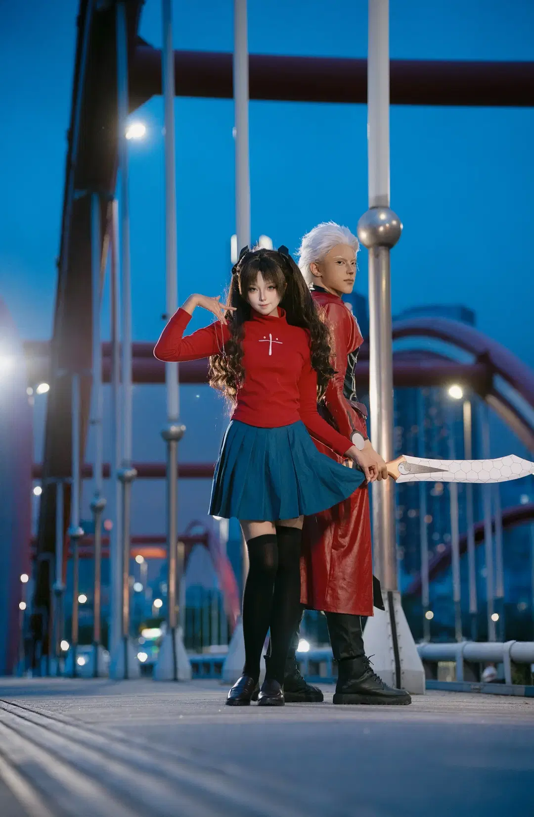 Fate, 远坂凛cos, 夜景人像, 黑丝, Archer