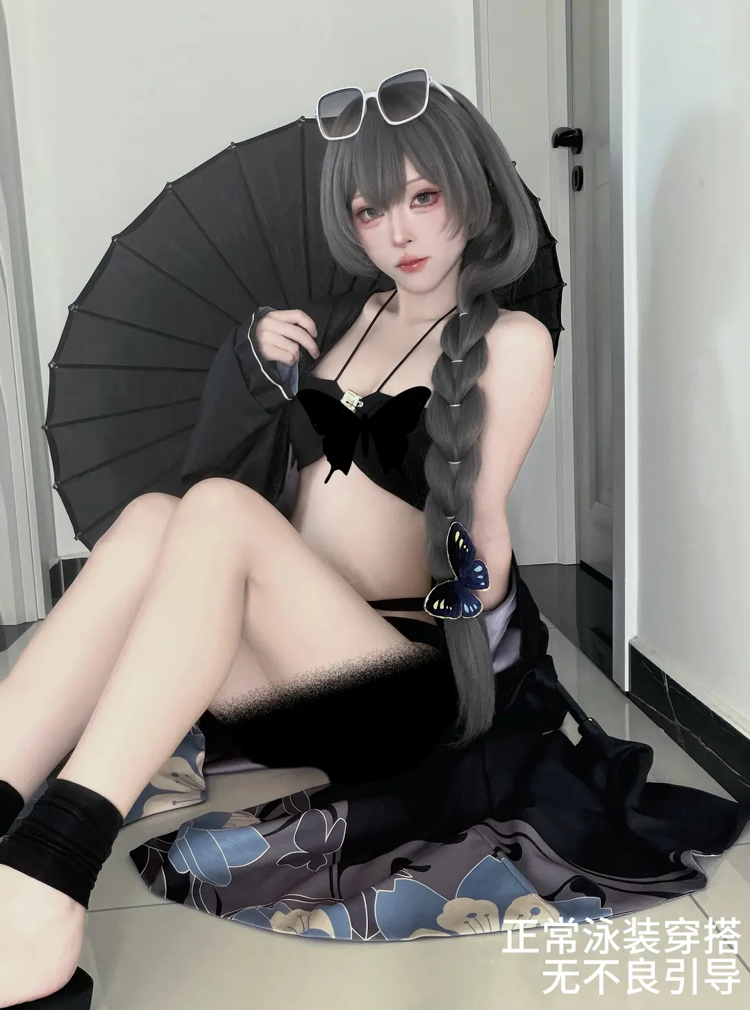 泳装, 二次元cosplay, 龙华妃咲, 水妃咲cos, 黑伞 - 第1张