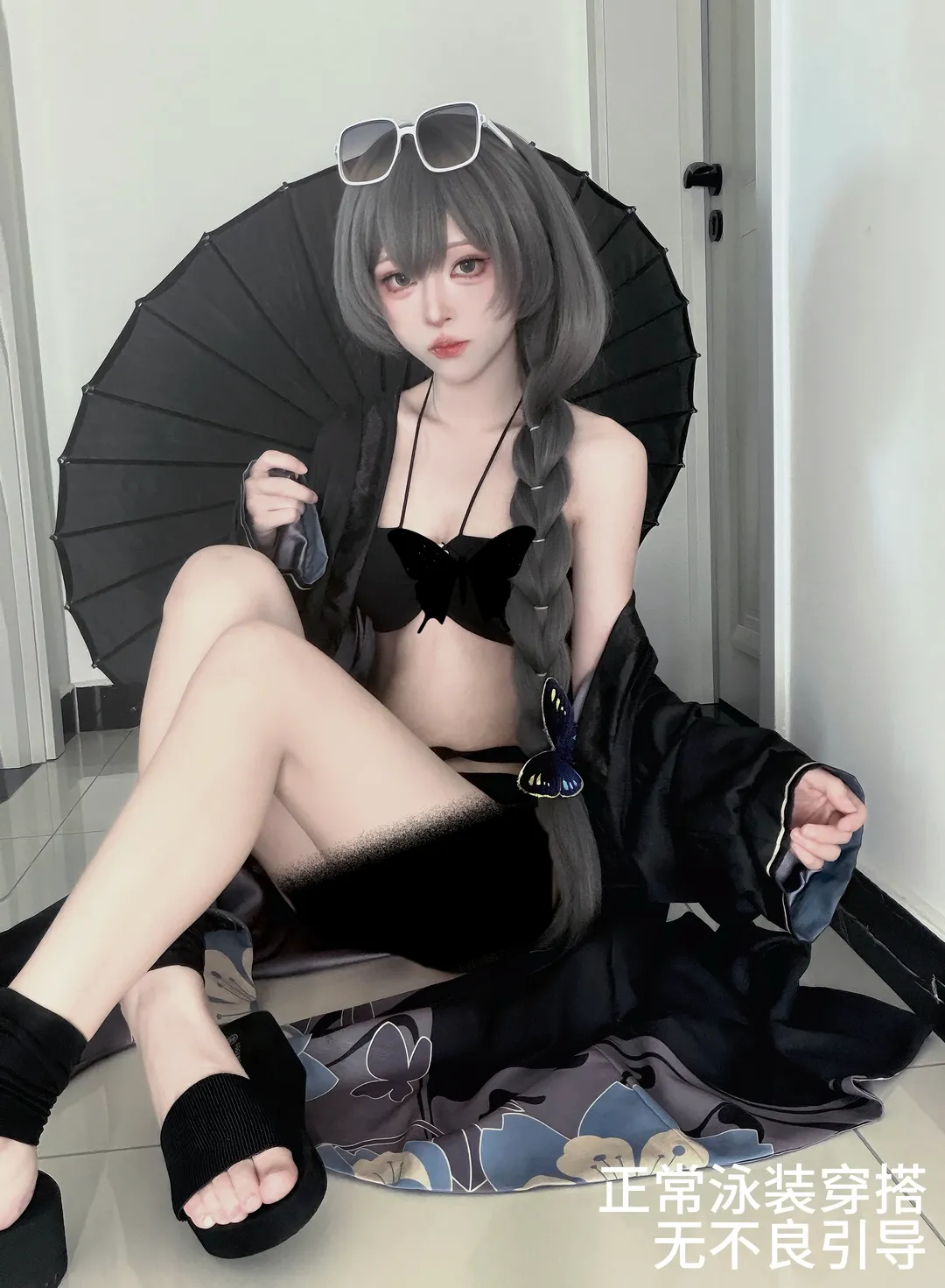 泳装, 二次元cosplay, 龙华妃咲, 水妃咲cos, 黑伞 - 第2张