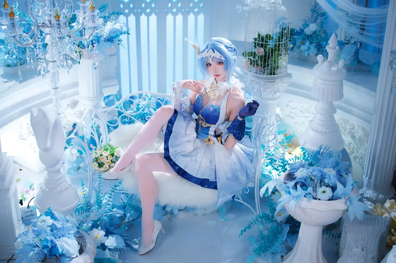 原神, cosplay摄影, 蓝白洋装, 丝袜cos, 奥黛塔cos
