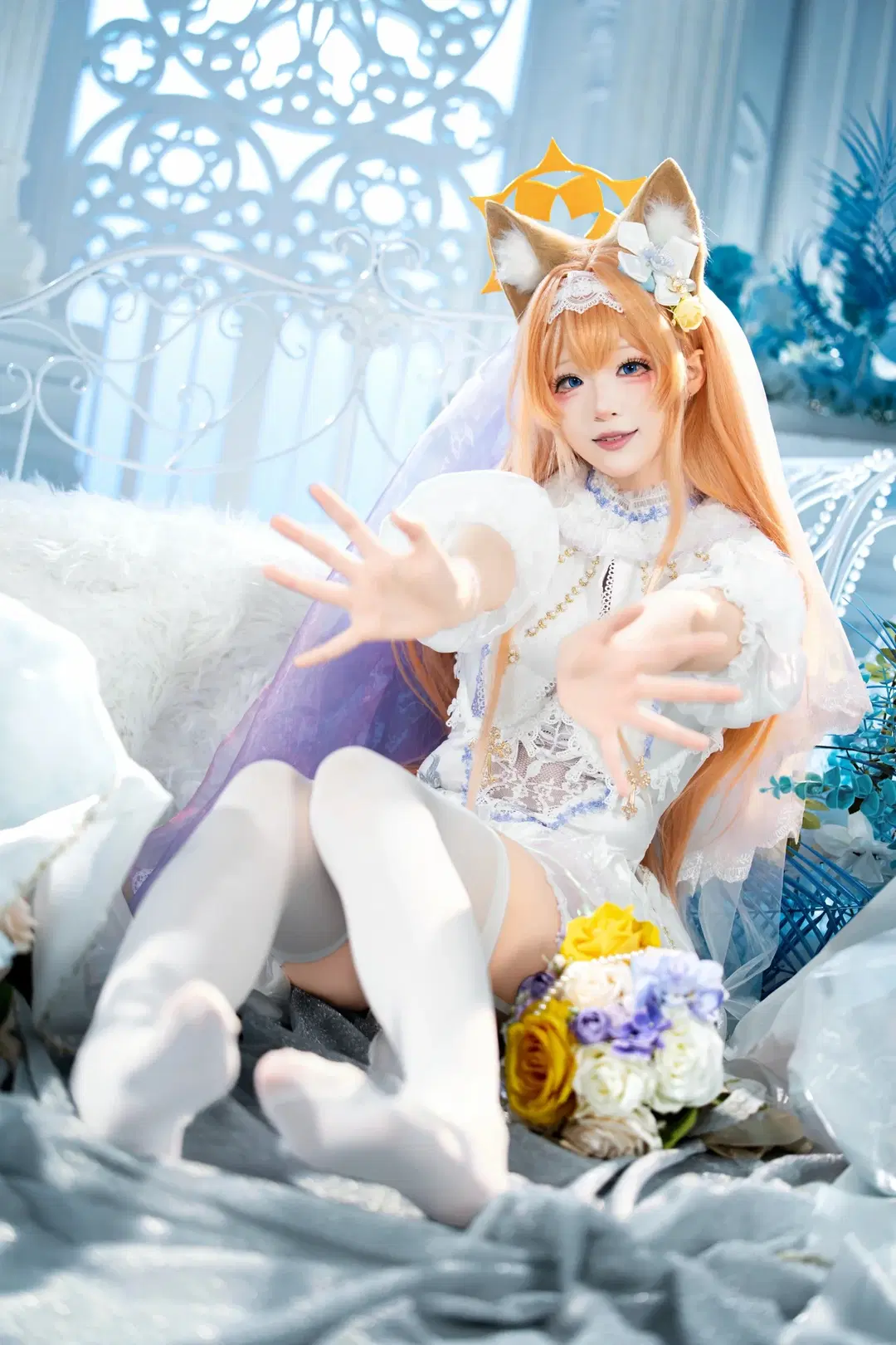 [Marie cosplay] Blue Archive Pure White Vow: Dreamy White Veil and White Stockings by 茶包 - Image 3