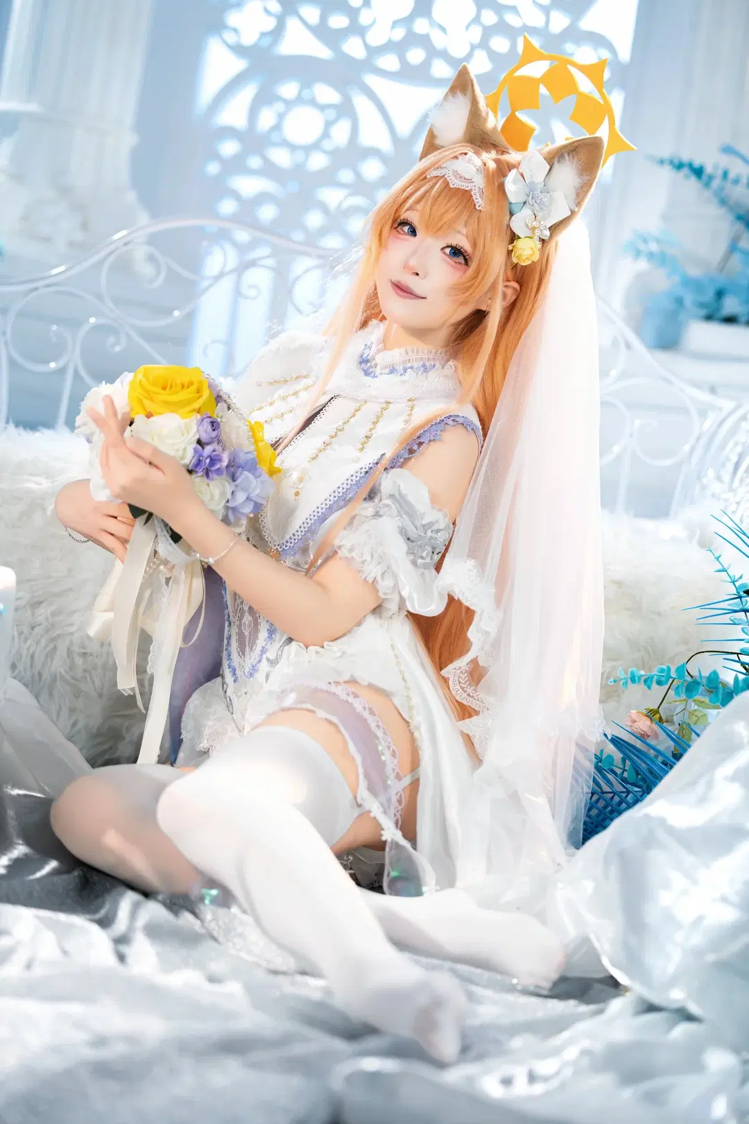 [Marie cosplay] Blue Archive Pure White Vow: Dreamy White Veil and White Stockings by 茶包 - Image 7