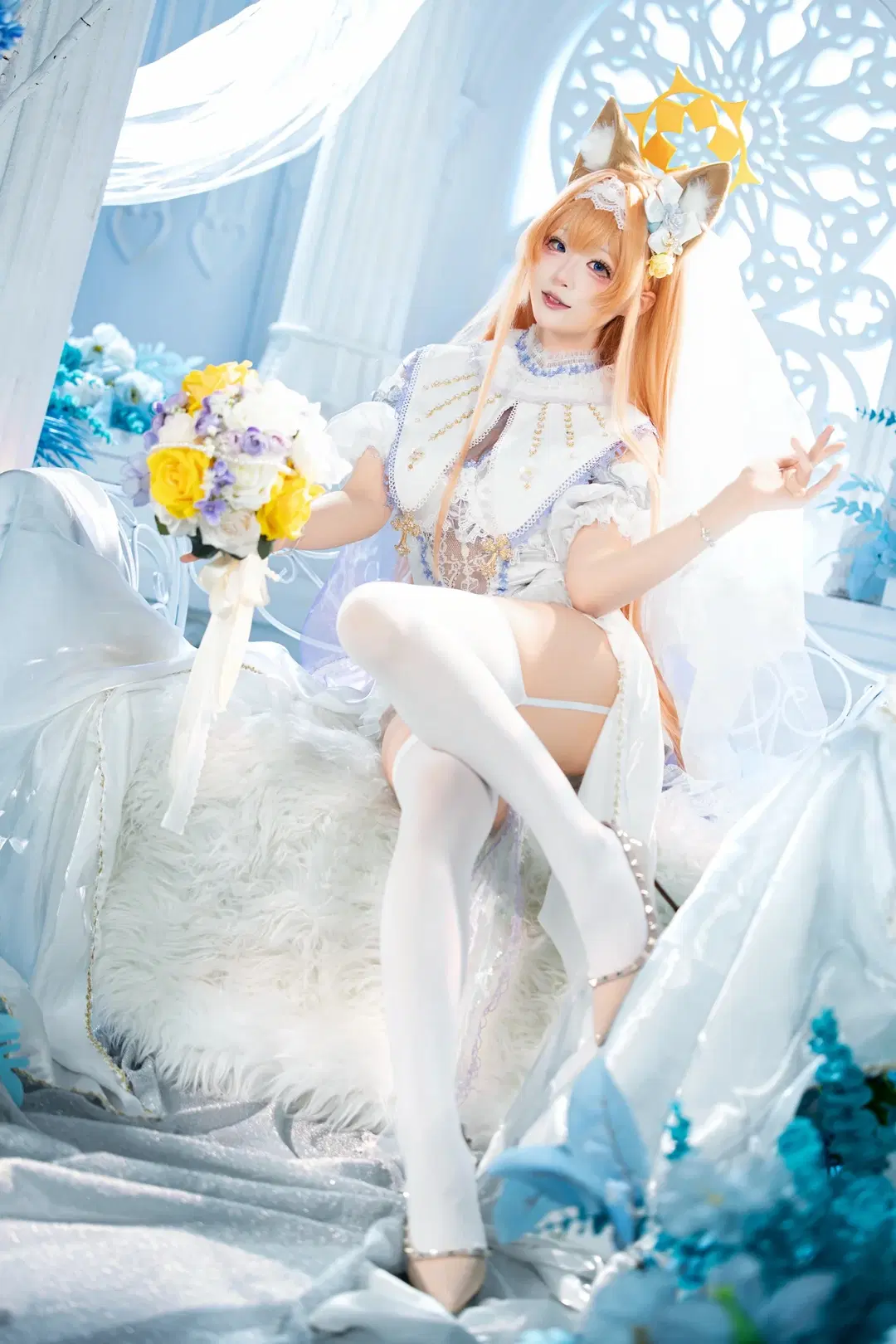 2D, Blue Archive, Sweet girl, Marie cosplay, White stockings