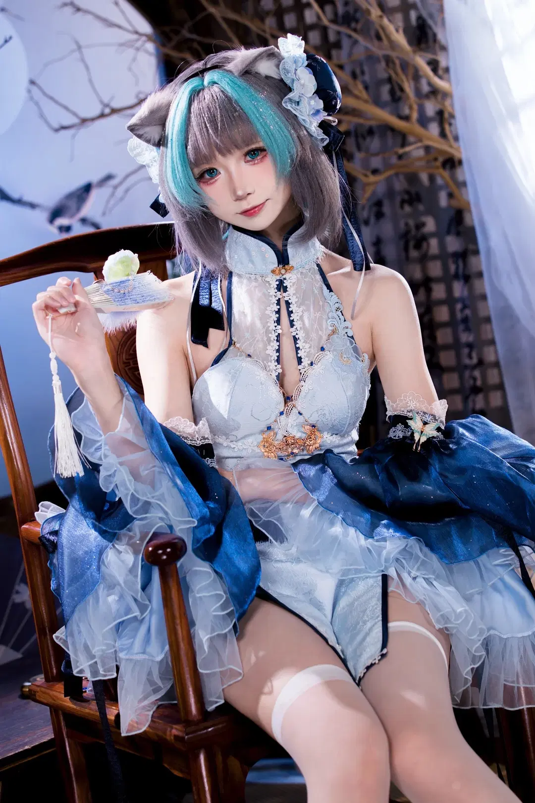【柴郡cos】碧蓝航线柴郡国风白蓝旗袍与白丝记录 - 茶包 - 第9张