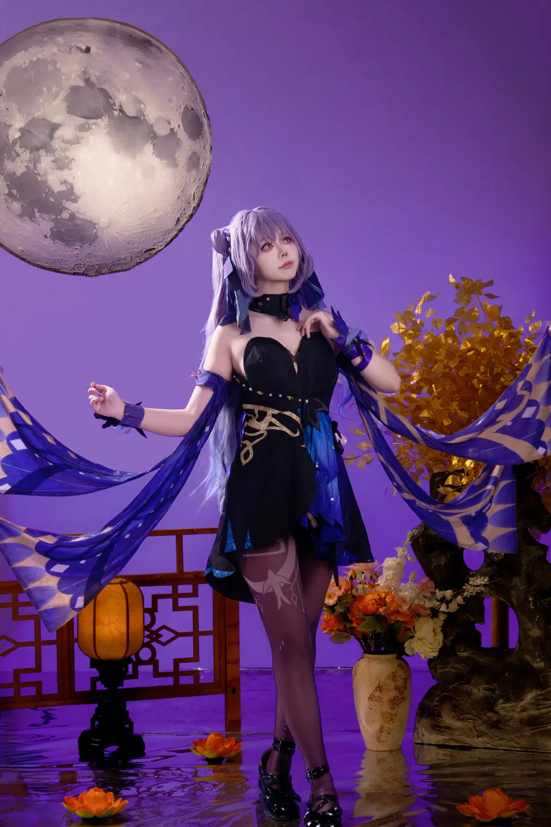 Genshin Impact, Keqing cosplay, Traditional style studio photography, Stockings, Mid-Autumn Festival