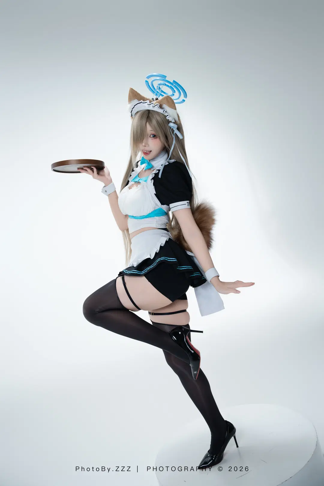 コスプレ, メイド服, 黒ストッキング, スタジオポートレート, 獣耳