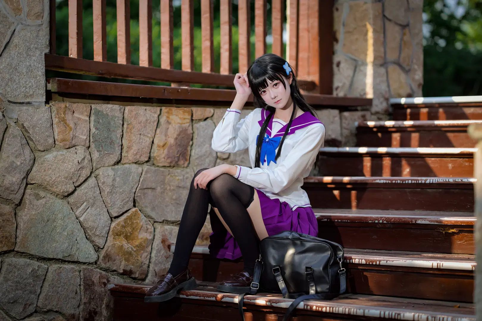 【Sankarea: Undying Love cosplay】Endless Summer of Hydrangea: Sailor Suit Maiden Amidst Blossoms (Anime-style photography & Black stockings) by 段景 - Image 8