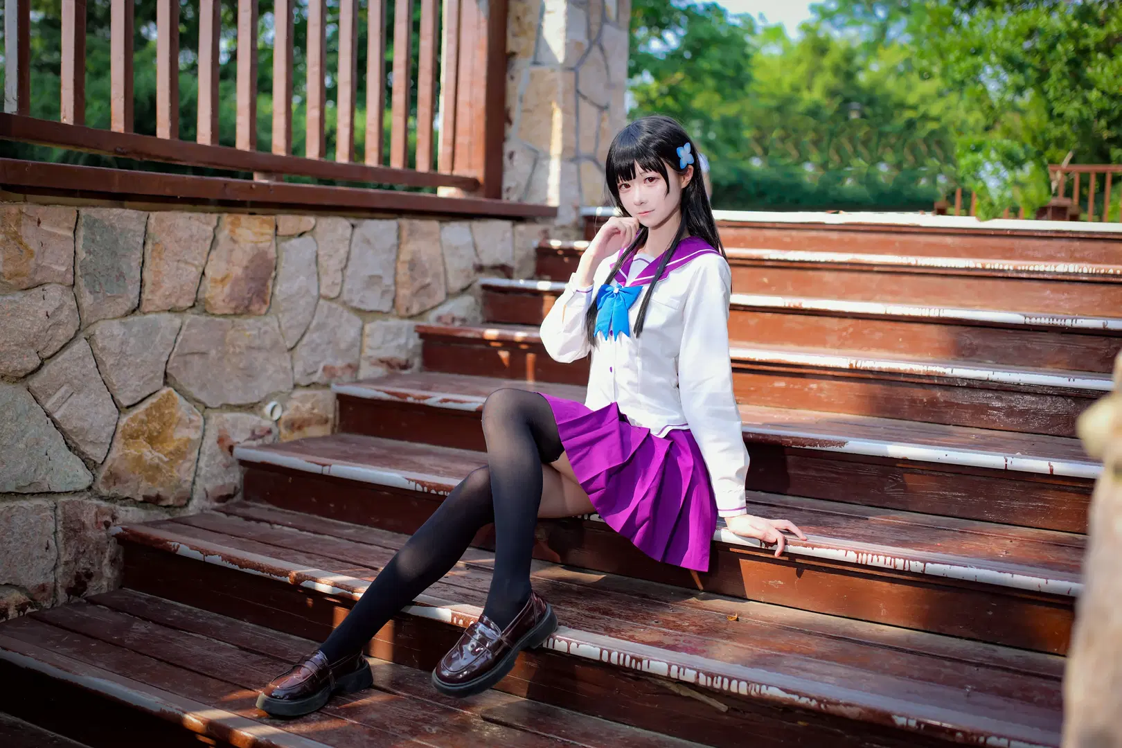 【Sankarea: Undying Love cosplay】Endless Summer of Hydrangea: Sailor Suit Maiden Amidst Blossoms (Anime-style photography & Black stockings) by 段景 - Image 9