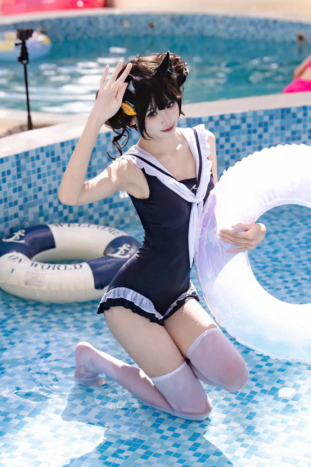 cosplay, 泳装写真, 白丝过膝袜, 水手服泳衣, 夏日泳池拍照