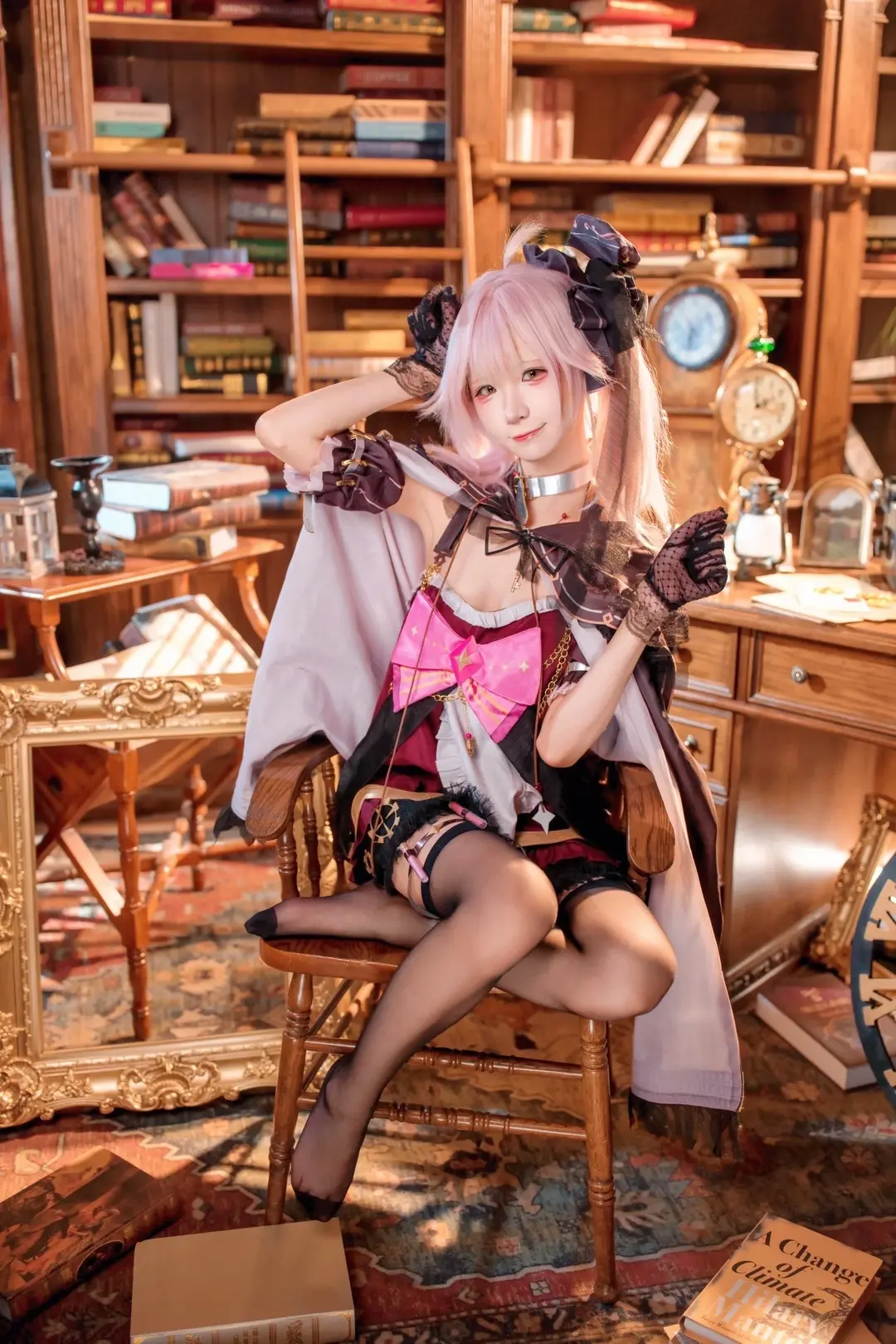 二次元cosplay, 哥特洛丽塔, 永雏塔菲cos, 黑丝袜, 复古书房写真