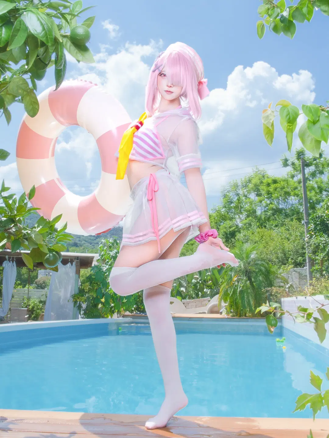 泳裝cos, 從零開始的異世界生活, 二次元cosplay, 拉姆cos, 白色過膝襪