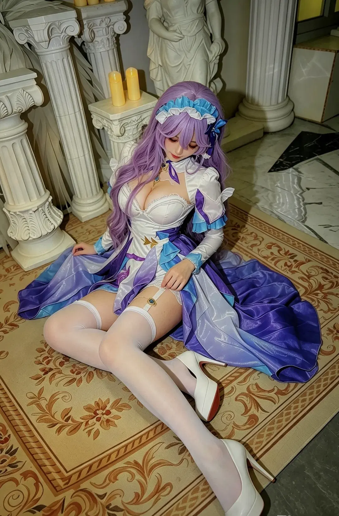 Wuthering Waves, Anime cosplay, Cantarella Fisalia cosplay, White garter stockings, Classical scene