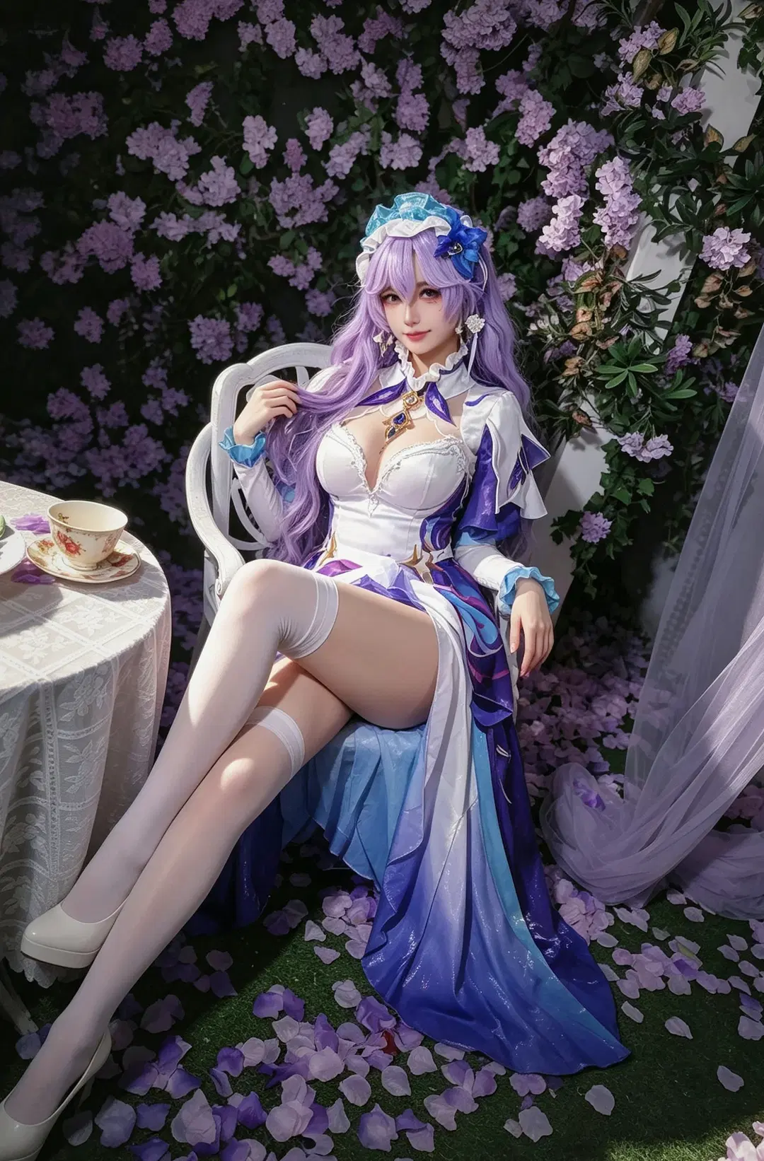 Wuthering Waves, Purple hair, Cantarella Fisalia cosplay, White over-the-knee socks, Tea party