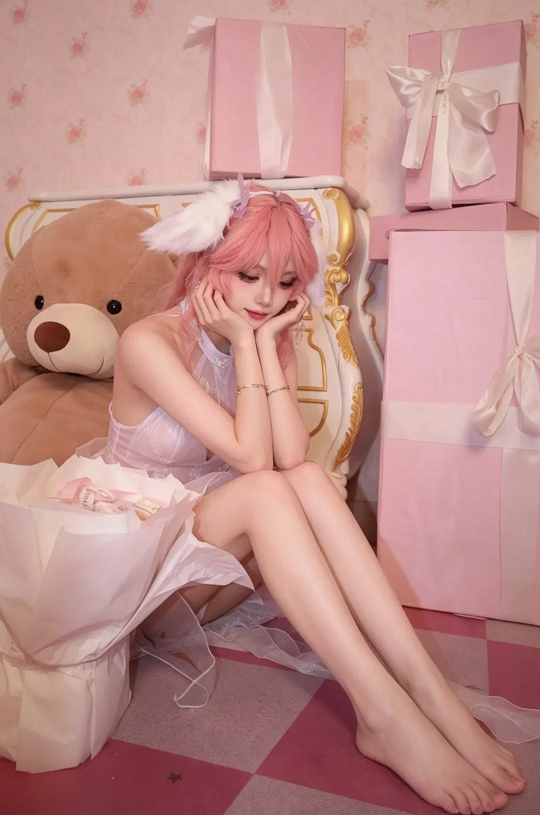 玉玲珑cos, 永劫无间, 兽耳少女, 二次元写真, 粉色系布景