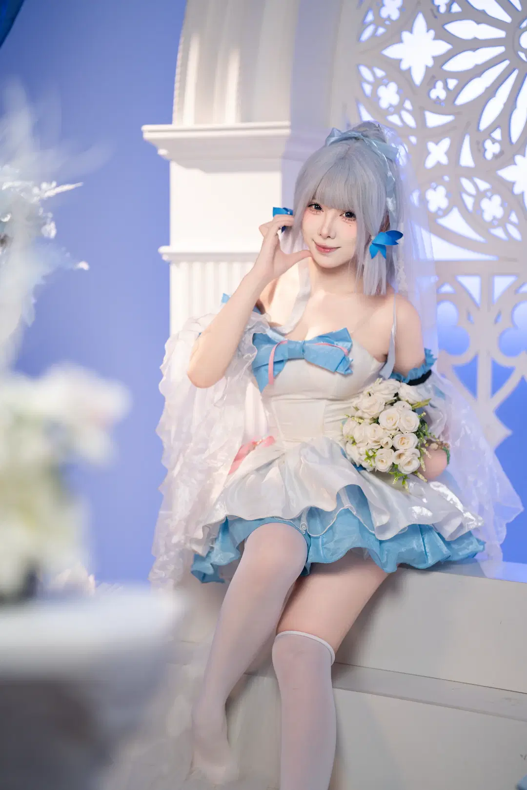 Genshin Impact, Anime-style photography, Kamisato Ayaka cosplay, Bride cosplay, White stockings