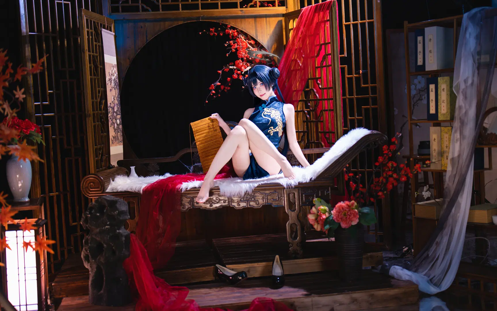 2D, Blue Archive, Misaki cosplay, Qipao, Chinese-style studio photoshoot