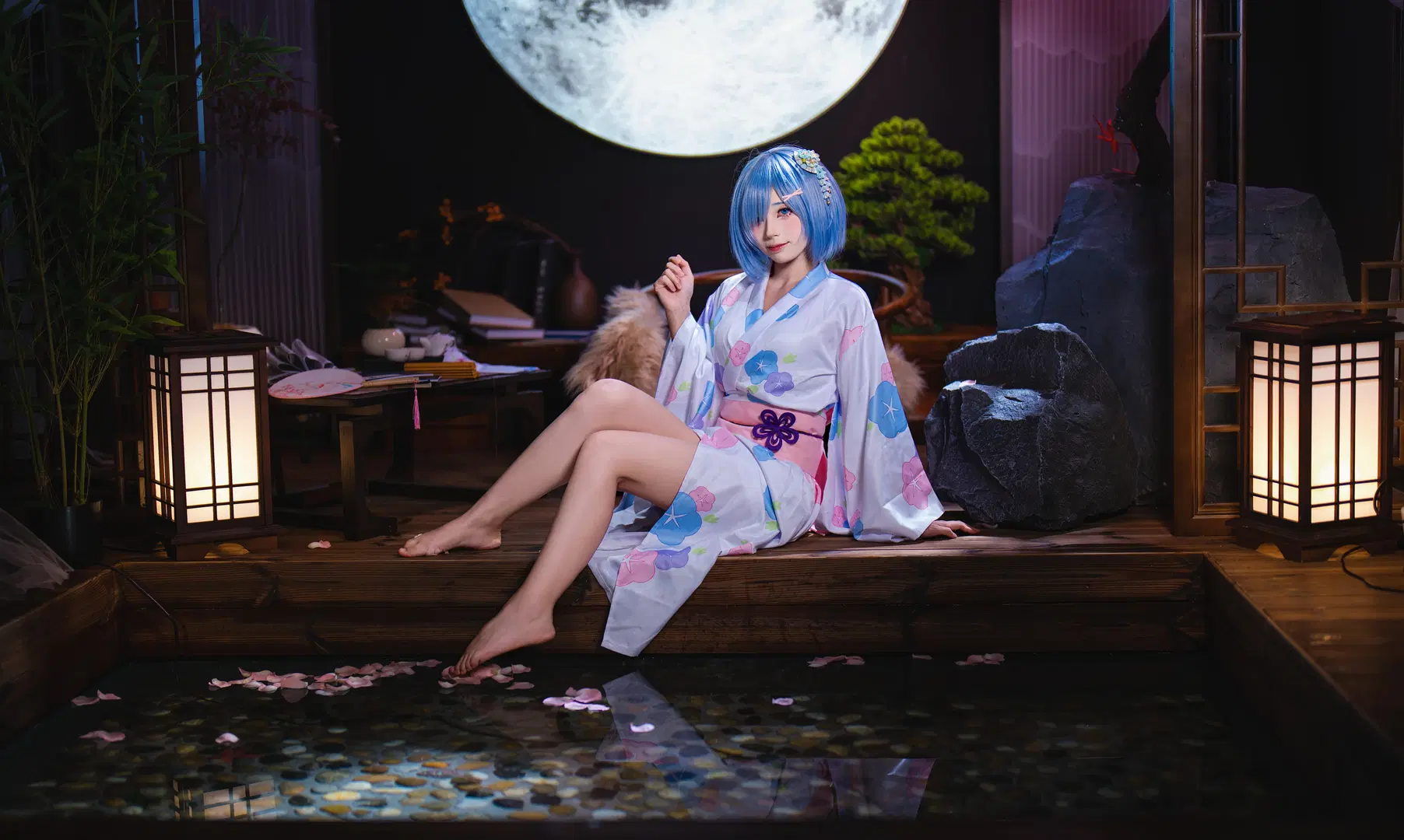 【レム コスプレ】『Re:ゼロから始める異世界生活』月光に揺れる和風浴衣の水撮影グラビア - OUKAI - 6枚目