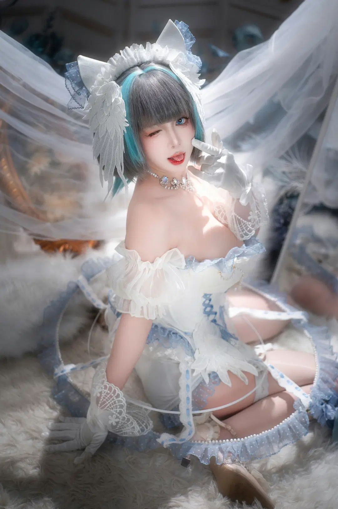 Anime-style photography, Cheshire Cosplay, Azur Lane, Maid outfit, White stockings