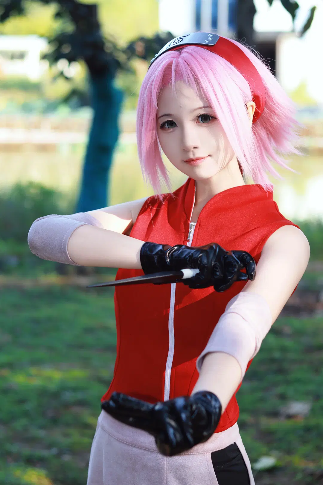 动漫cosplay, 粉发少女, 春野樱cos, 火影忍者, 忍者造型