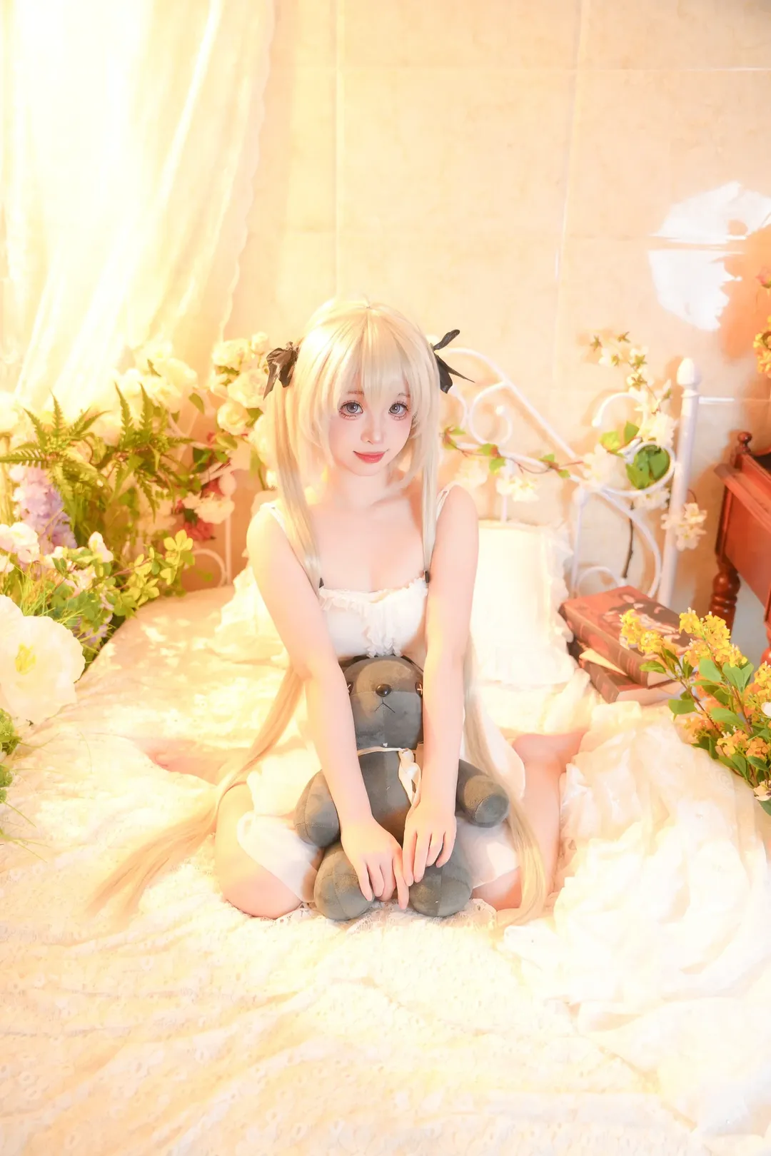 Anime girl, Kasugano Sora cosplay, Blonde twin tails, white lace dress, Warm-toned lighting and shadows