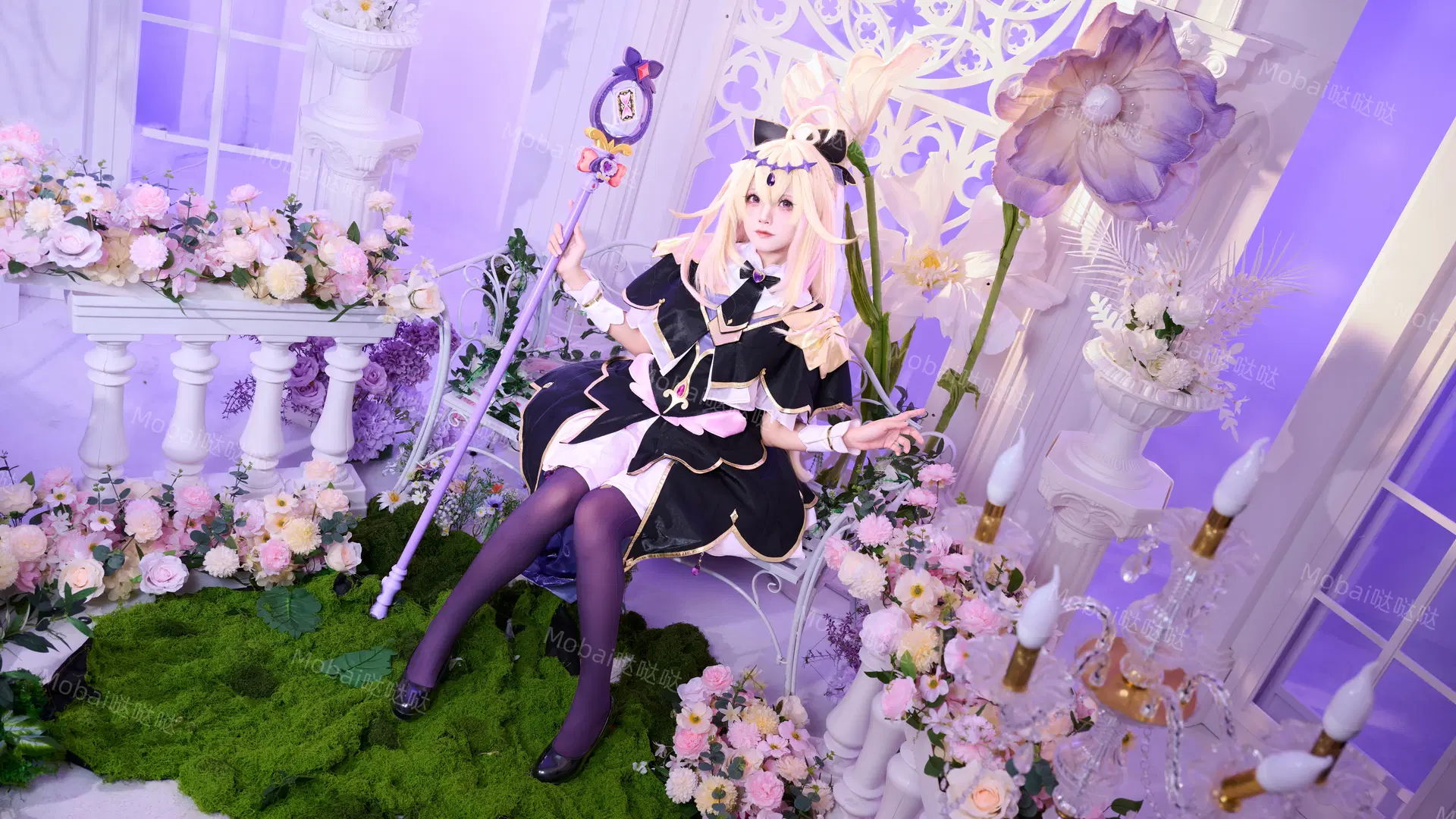 森亚露露卡cos, 紫色丝袜cos, 海口cosplay, 魔法长裙装扮, 奇幻花海布景