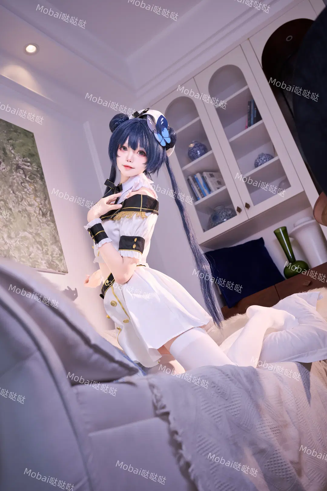 Anime-style photography, Blue Archive, Misaki cosplay, White stockings, Haikou cosplay