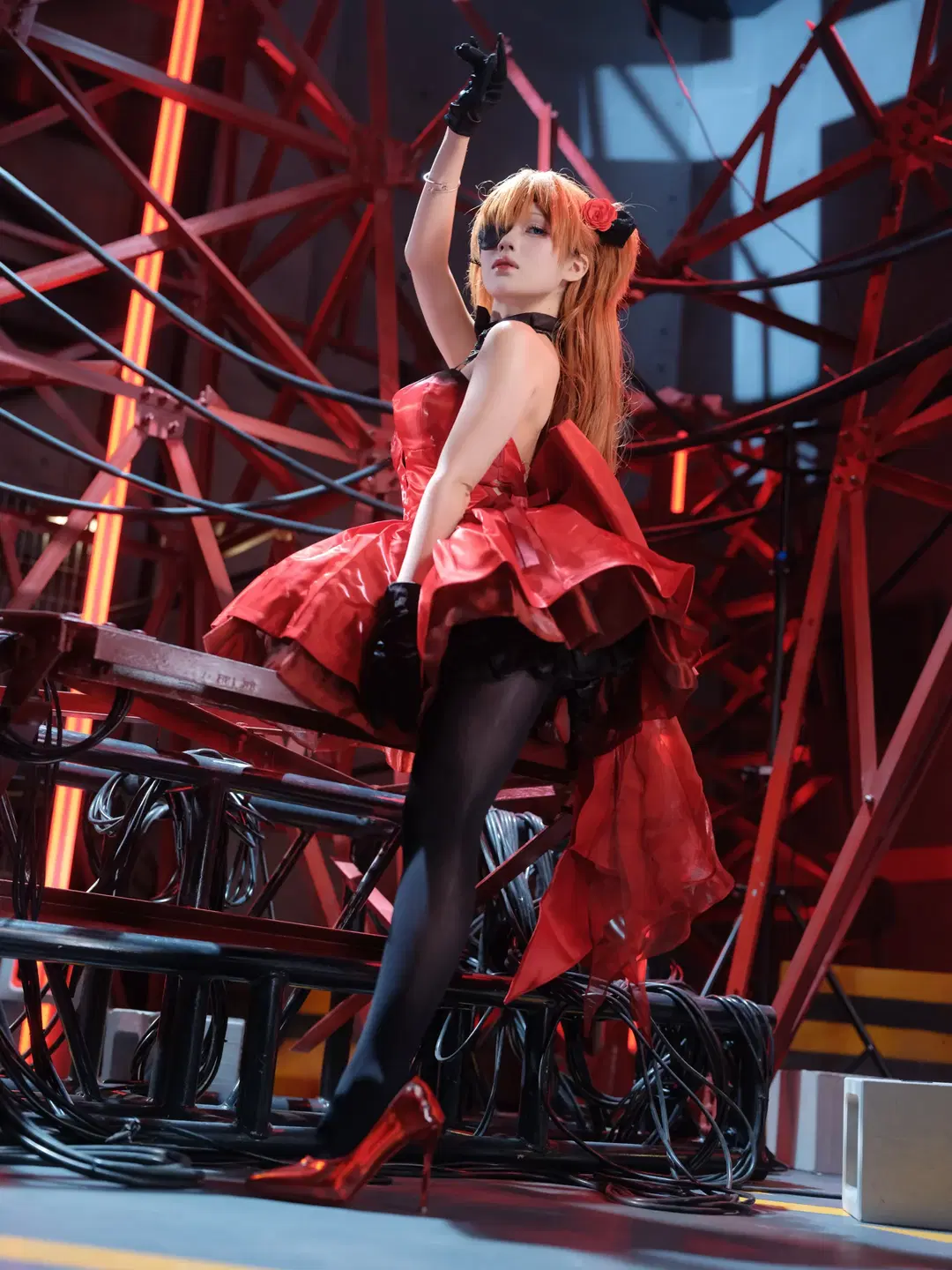 明日香cos, 红色礼服, 摄影棚写真, eva, 黑丝美腿