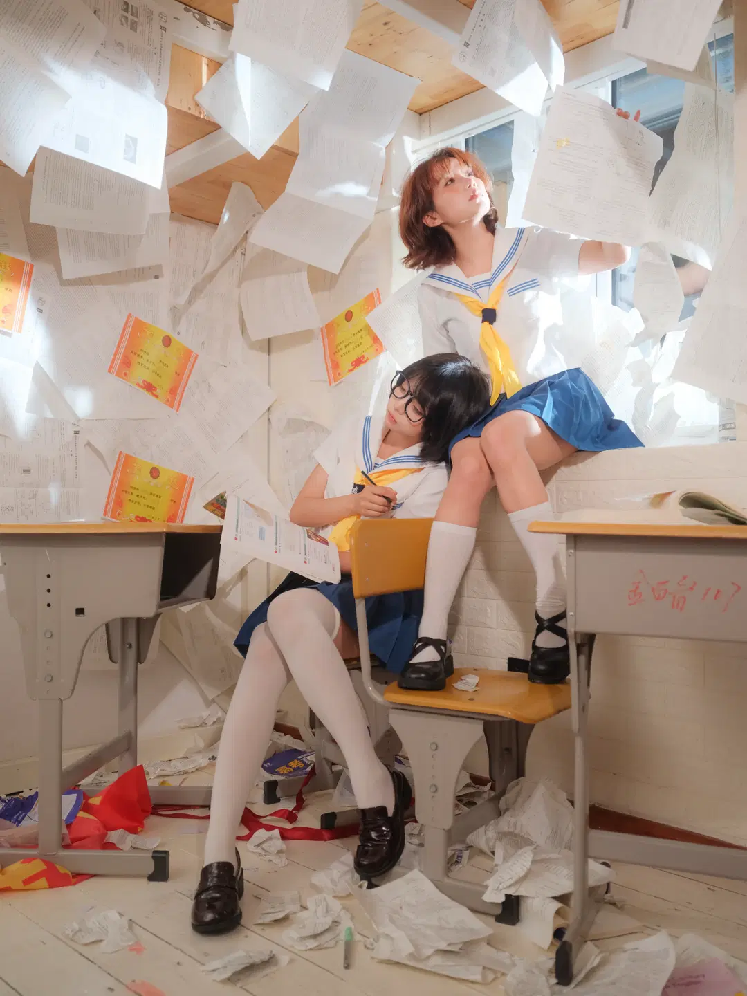 Shot a Dreamcore JK Uniform Photo Set Amidst a Storm of Exam Papers by 皮皮皮皮皮皮蛋 - Image 4