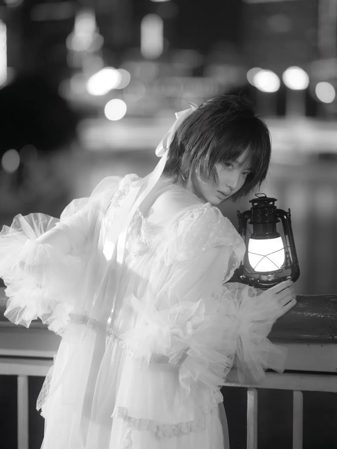 Summer night vibe, Black and white portrait photography, Retro lace dress, Moody style cosplay, Original styling