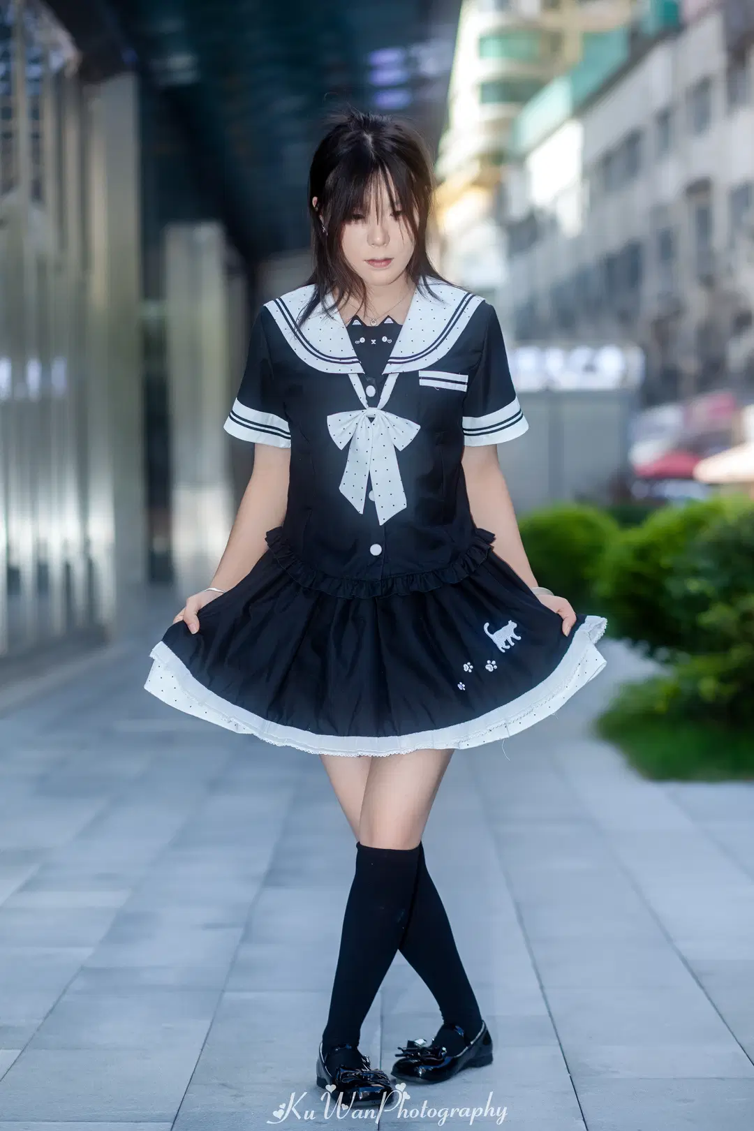 街拍, 水手服cos, 过膝袜, 学妹cos, 猫咪元素