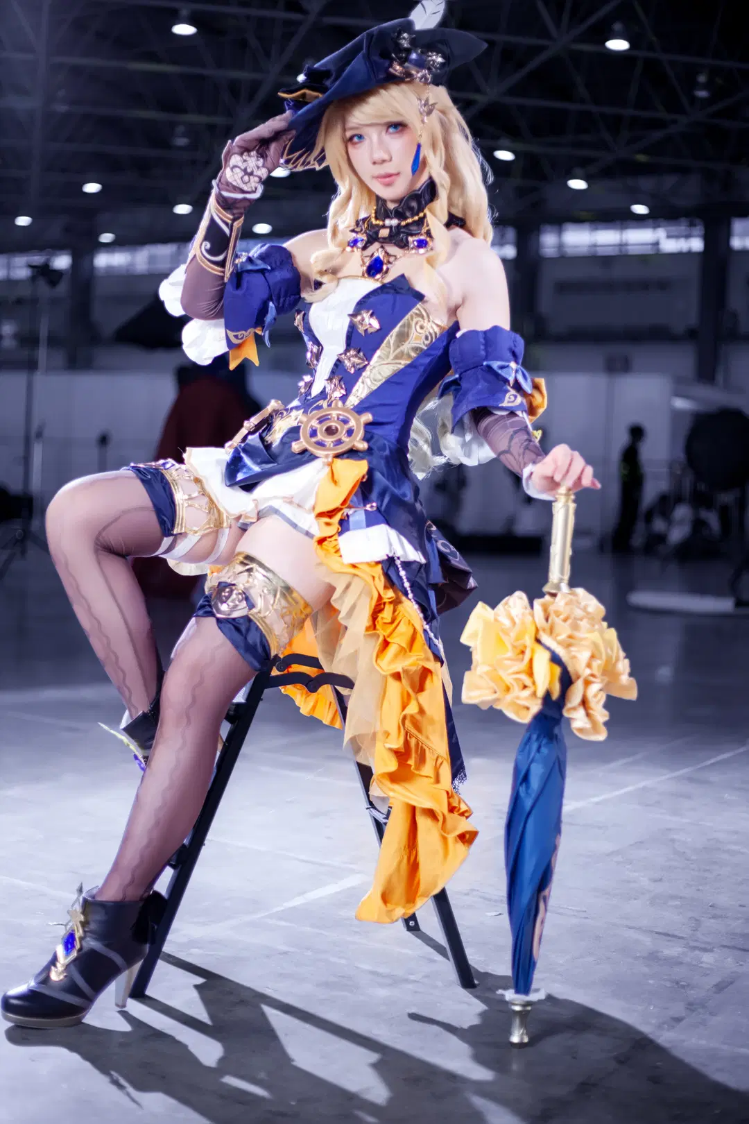 Genshin Impact, Navia cosplay, Stockings, Blue and Gold Dress, President of Spina di Rosula