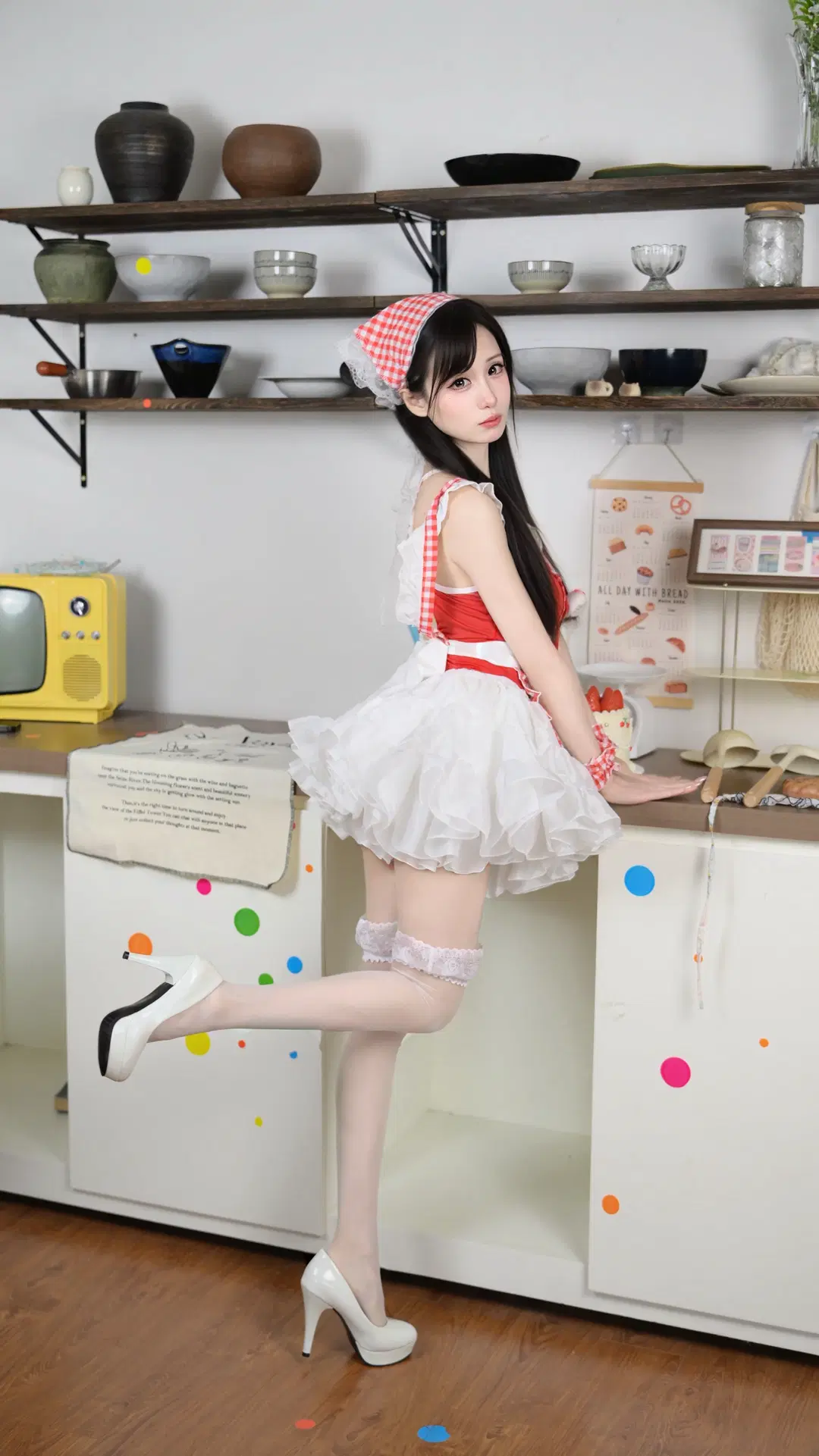 女仆装, 红白格子, 小厨娘, 甜美风, 蕾丝大腿袜