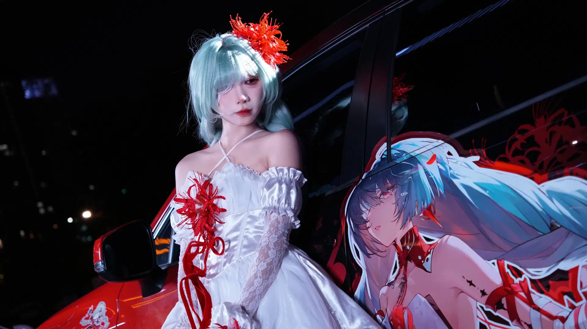 【フローヴァ コスプレ】『鳴潮』痛車のイベント写真、夜陰に揺れる純白のロングドレス - 云离饱饱 - 6枚目