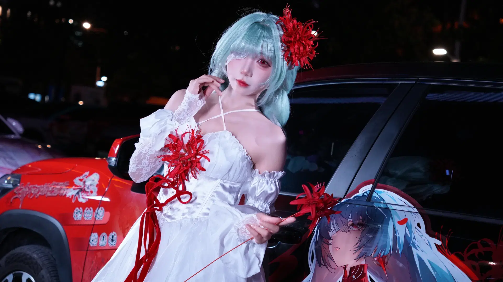 【フローヴァ コスプレ】『鳴潮』痛車のイベント写真、夜陰に揺れる純白のロングドレス - 云离饱饱 - 9枚目