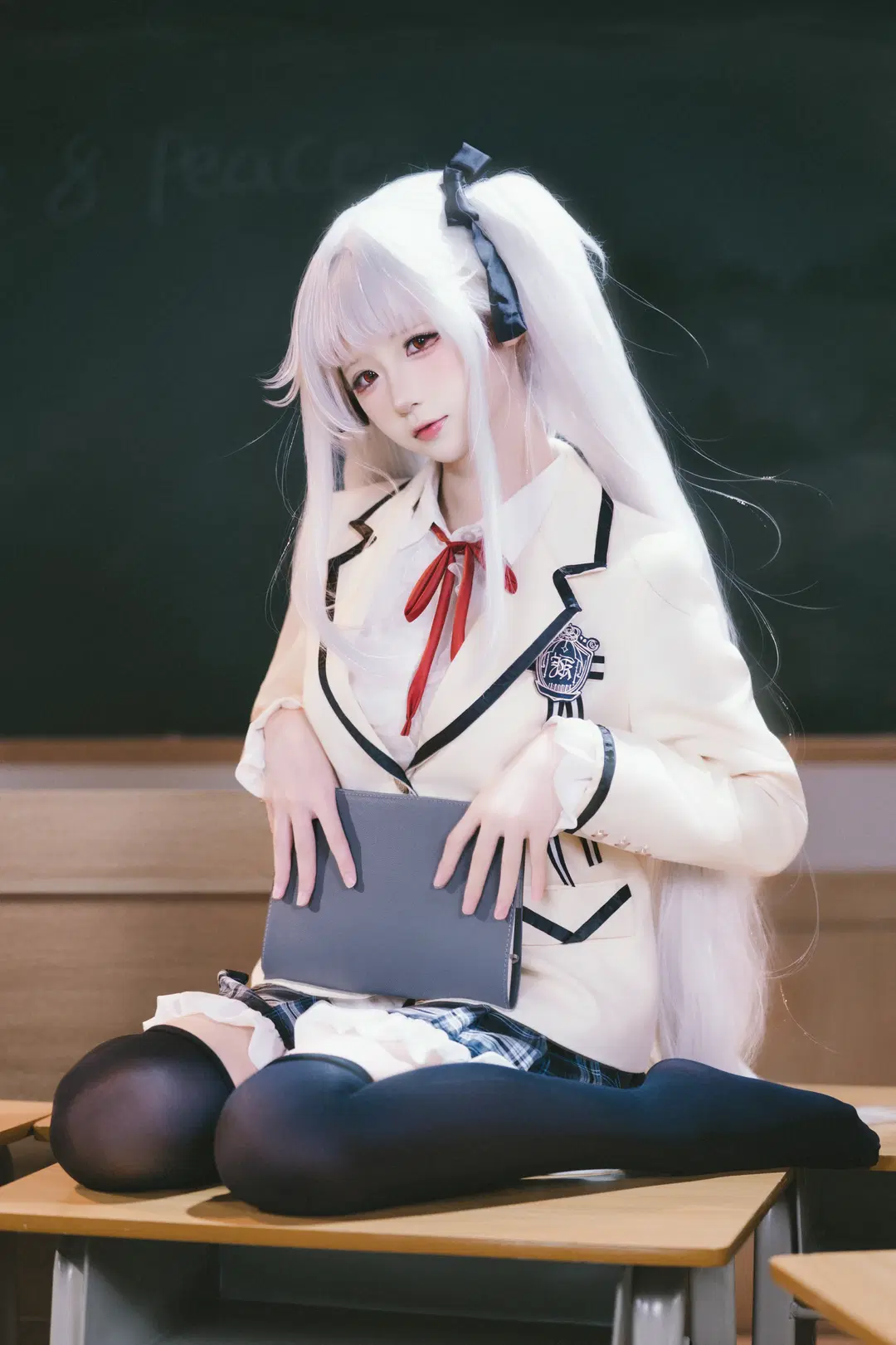 BiShoujo Mangekyou Kagarino Kirie cosplay: White-Haired, Crimson-Eyed Underclassman in School Uniform by X_Pu - Image 2