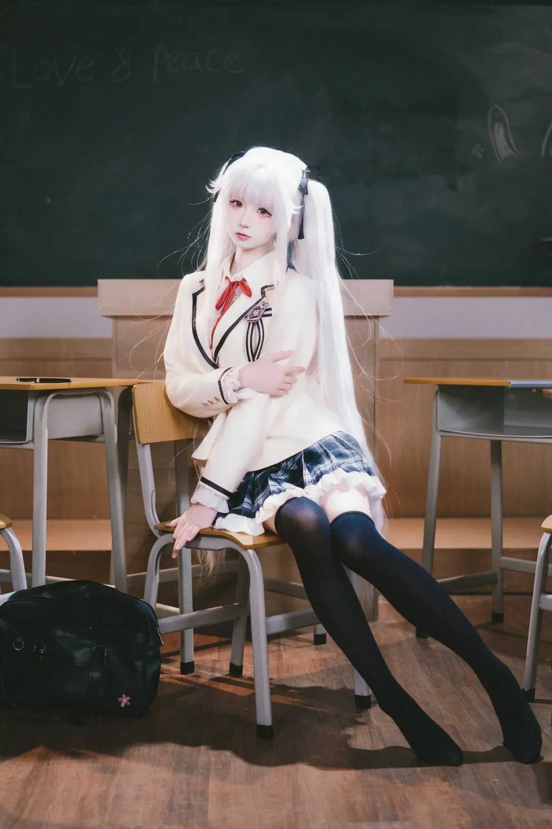 BiShoujo Mangekyou Kagarino Kirie cosplay: White-Haired, Crimson-Eyed Underclassman in School Uniform by X_Pu - Image 5
