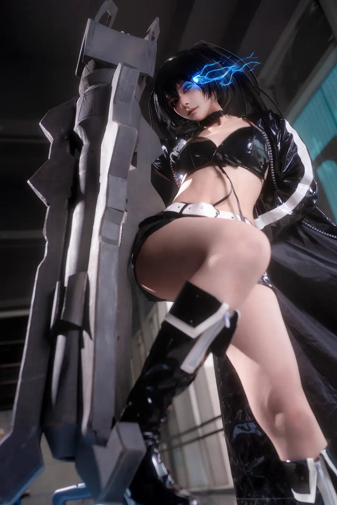 黑岩射手cos, 漆皮紧身衣, 巨剑道具, 高跟长靴, blackrockshooter