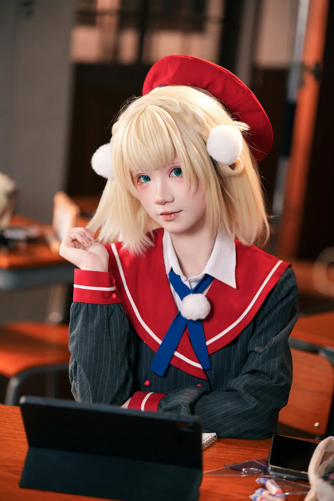 时雨羽衣cos 条纹水手服与红袜长筒袜的教室日常 - 暴食水獭 - 第2张