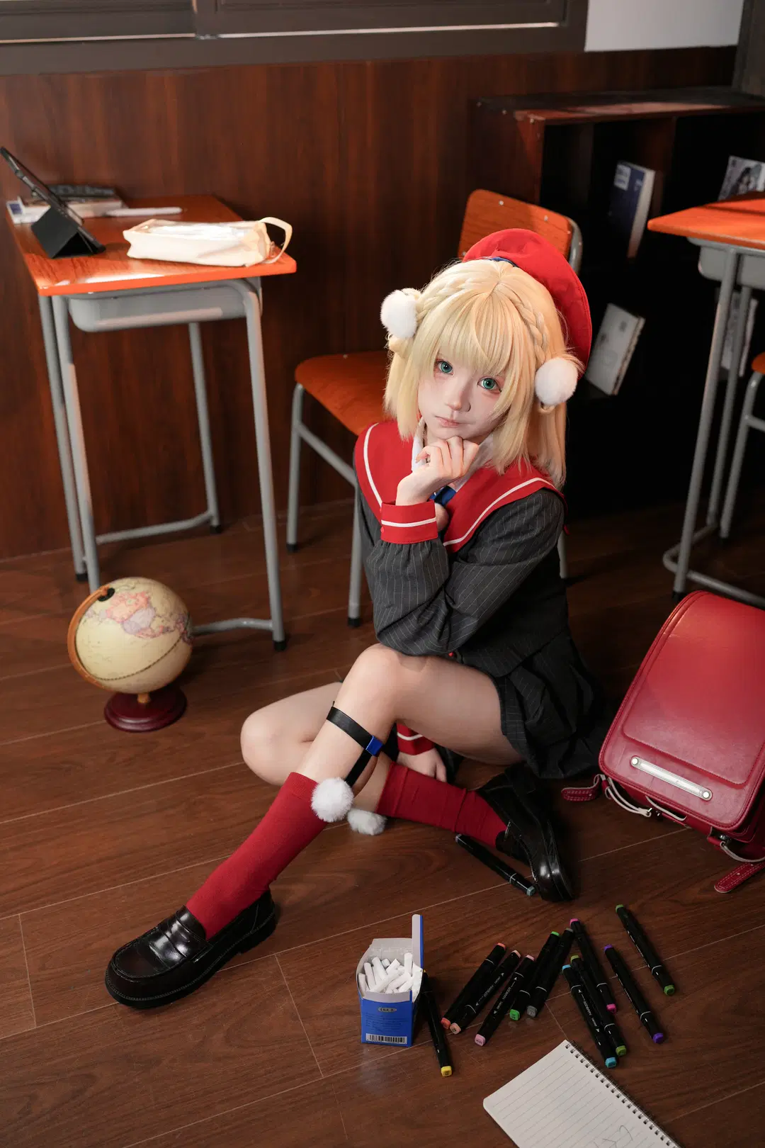 时雨羽衣cos 条纹水手服与红袜长筒袜的教室日常 - 暴食水獭 - 第9张