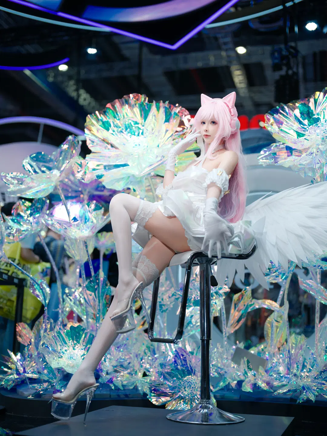cosplay, 漫展返图, 丝袜长腿, 白裙猫耳, BW索尼展台