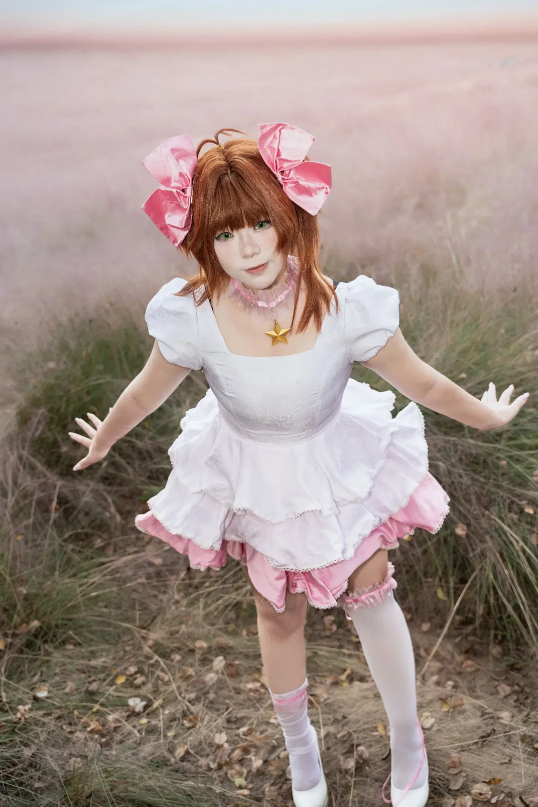 cosplay, 木之本樱cos, 魔卡少女樱, 粉白战斗服, 白色长筒袜