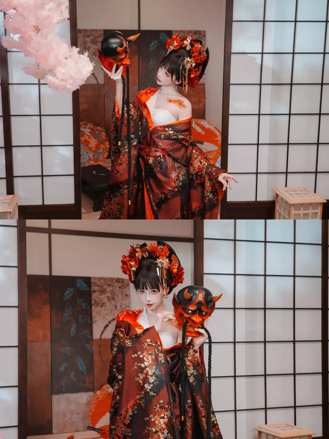 Dark Japanese Style Oiran Photoshoot: The Collision of Crimson-Black-Gold Textures, Oni Mask, and Katana by 新 - Image 16