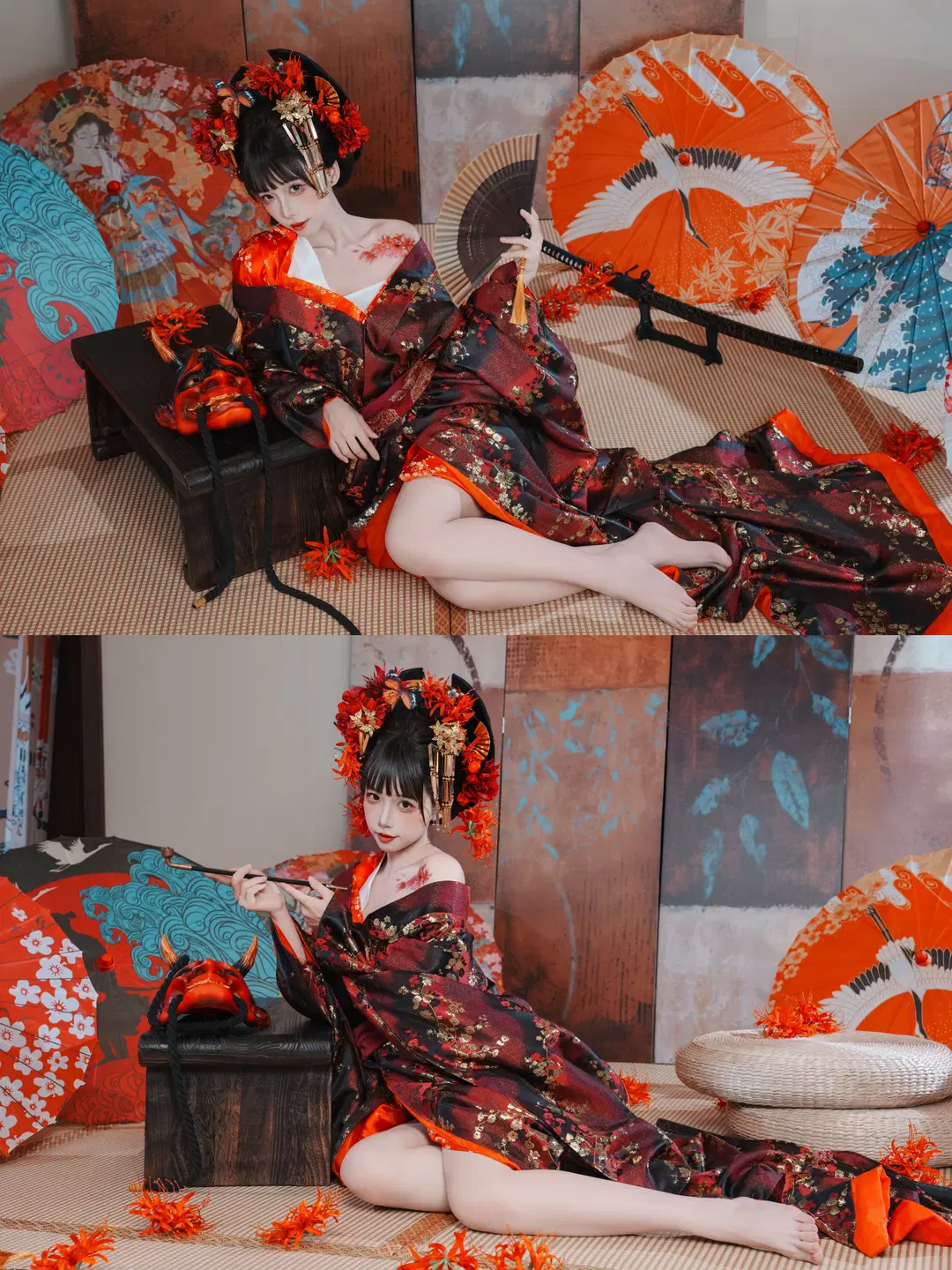 Dark Japanese Style Oiran Photoshoot: The Collision of Crimson-Black-Gold Textures, Oni Mask, and Katana by 新 - Image 3